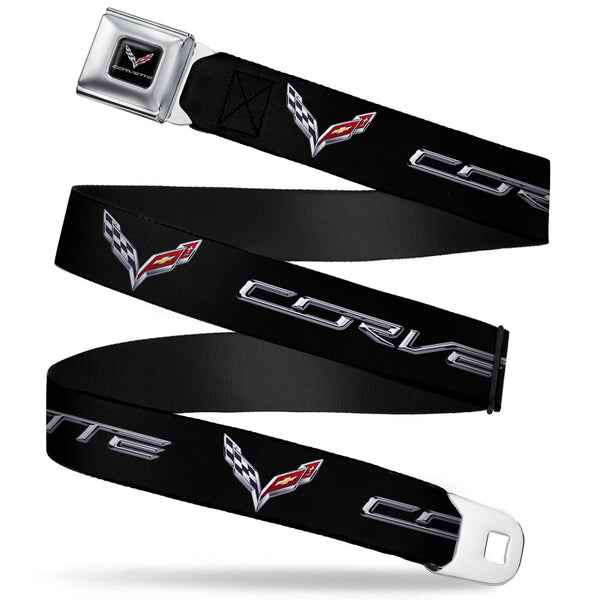 Buckle-Down C7 Full Color Black Seatbelt Belt - CORVETTE/C7 Logo Black/Silver/Red Webbing