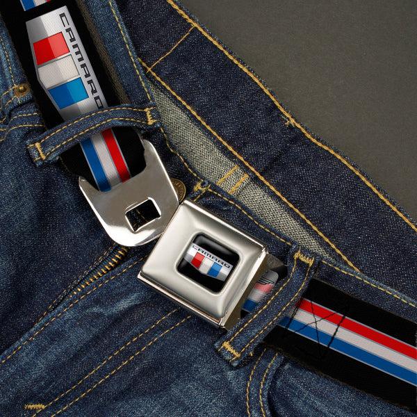Buckle-Down CAMARO Six Badge Full Color Black Silver Red White Blue Seatbelt Belt - CAMARO Six Badge/Stripe Black/Silver/Red/White/Blue Webbing