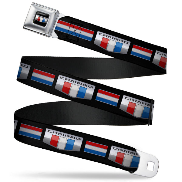 Buckle-Down CAMARO Six Badge Full Color Black Silver Red White Blue Seatbelt Belt - CAMARO Six Badge/Stripe Black/Silver/Red/White/Blue Webbing