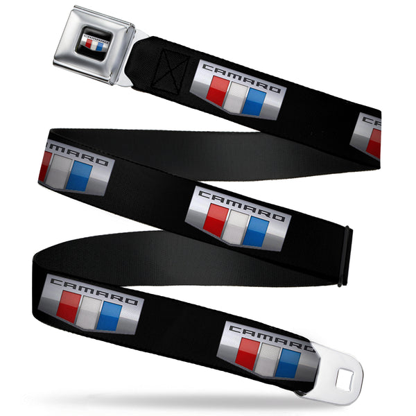 Buckle-Down CAMARO Six Badge Full Color Black Silver Red White Blue Seatbelt Belt - CAMARO Six Badge Black/Silver/Red/White/Blue Webbing