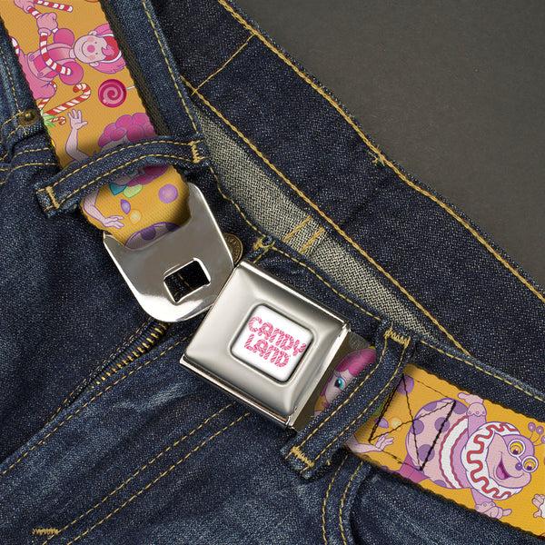 Buckle-Down CANDY LAND Game Logo White/Pink Seatbelt Belt - Candy Land Characters And Candy Collage Yellow Webbing