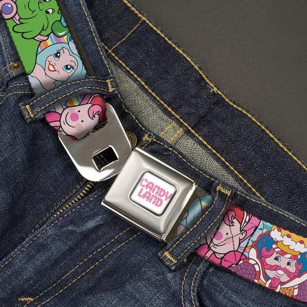Buckle-Down CANDY LAND Game Logo White/Pink Seatbelt Belt - Candy Land Character Lineup Stripe Multi Color Webbing