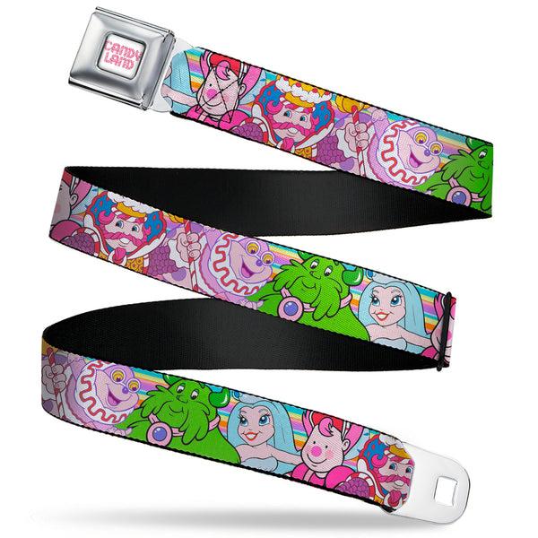 Buckle-Down CANDY LAND Game Logo White/Pink Seatbelt Belt - Candy Land Character Lineup Stripe Multi Color Webbing