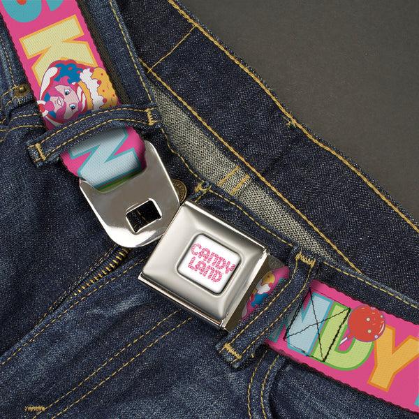 Buckle-Down CANDY LAND Game Logo White/Pink Seatbelt Belt - Candy Land KANDY RULES King Kandy Face Red/Multi Color Webbing
