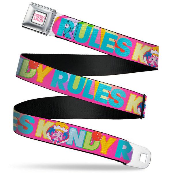 Buckle-Down CANDY LAND Game Logo White/Pink Seatbelt Belt - Candy Land KANDY RULES King Kandy Face Red/Multi Color Webbing