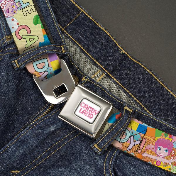Buckle-Down CANDY LAND Game Logo White/Pink Seatbelt Belt - Candy Land TAKE ME TO THE CANDY Character Collage Multi Color Webbing