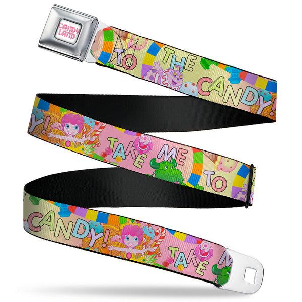 Buckle-Down CANDY LAND Game Logo White/Pink Seatbelt Belt - Candy Land TAKE ME TO THE CANDY Character Collage Multi Color Webbing