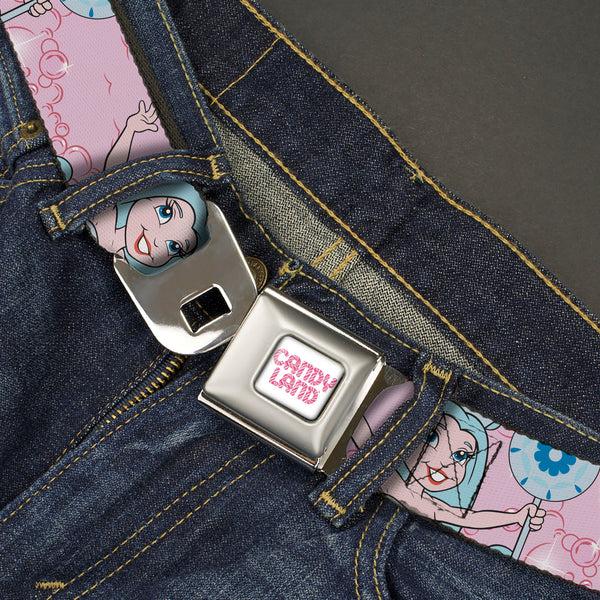 Buckle-Down CANDY LAND Game Logo White/Pink Seatbelt Belt - Candy Land Queen Frostine Pose And Float Bubbles Pinks Webbing