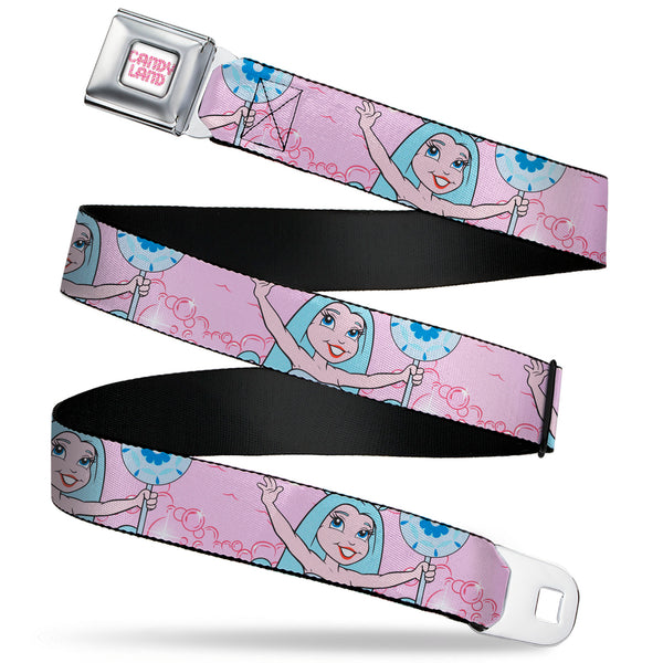 Buckle-Down CANDY LAND Game Logo White/Pink Seatbelt Belt - Candy Land Queen Frostine Pose and Float Bubbles Pinks Webbing