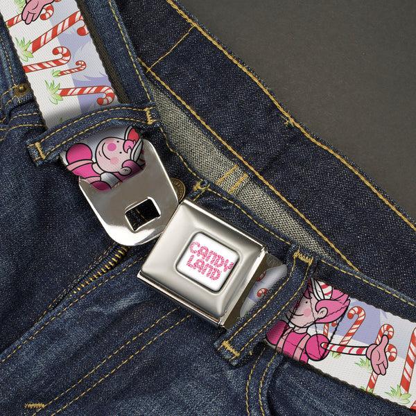 Buckle-Down CANDY LAND Game Logo White/Pink Seatbelt Belt - Candy Land Mr. Mint Pose And Candy Canes Multi Color Webbing
