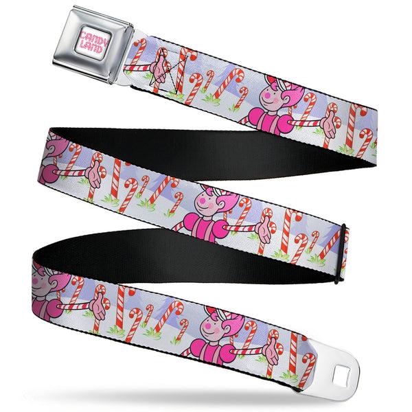 Buckle-Down CANDY LAND Game Logo White/Pink Seatbelt Belt - Candy Land Mr. Mint Pose and Candy Canes Multi Color Webbing