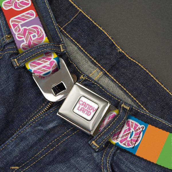 Buckle-Down CANDY LAND Game Logo White/Pink Seatbelt Belt - CANDY LAND Game Logo Color Blocks Multi Color Webbing