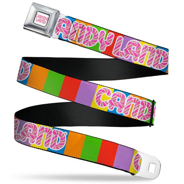 Buckle-Down CANDY LAND Game Logo White/Pink Seatbelt Belt - CANDY LAND Game Logo Color Blocks Multi Color Webbing