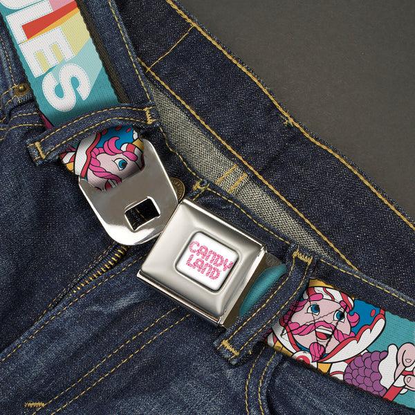 Buckle-Down CANDY LAND Game Logo White/Pink Seatbelt Belt - Candy Land KANDY RULES King Kandy Pose Teal/Multi Color Webbing