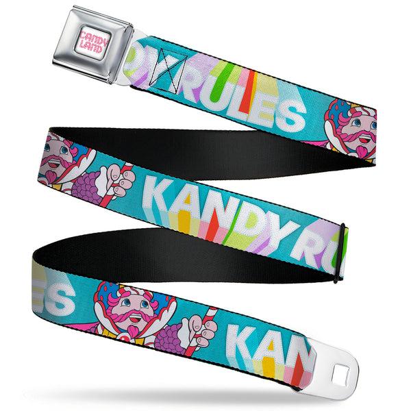 Buckle-Down CANDY LAND Game Logo White/Pink Seatbelt Belt - Candy Land KANDY RULES King Kandy Pose Teal/Multi Color Webbing