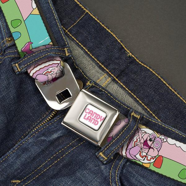 Buckle-Down CANDY LAND Game Logo White/Pink Seatbelt Belt - Candy Land Jolly Laughing Pose And Gum Drops Multi Color Webbing