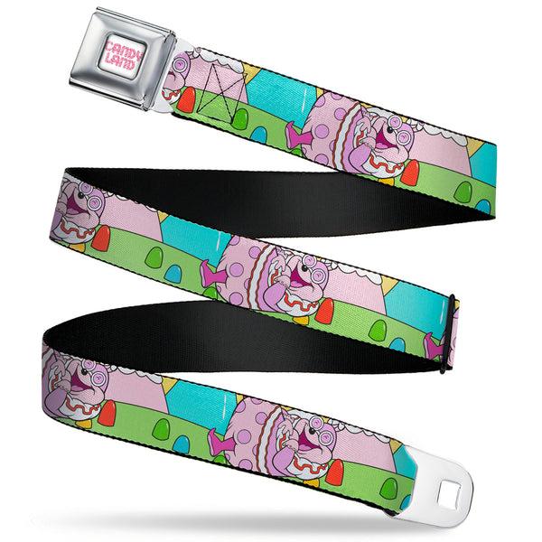 Buckle-Down CANDY LAND Game Logo White/Pink Seatbelt Belt - Candy Land Jolly Laughing Pose and Gum Drops Multi Color Webbing