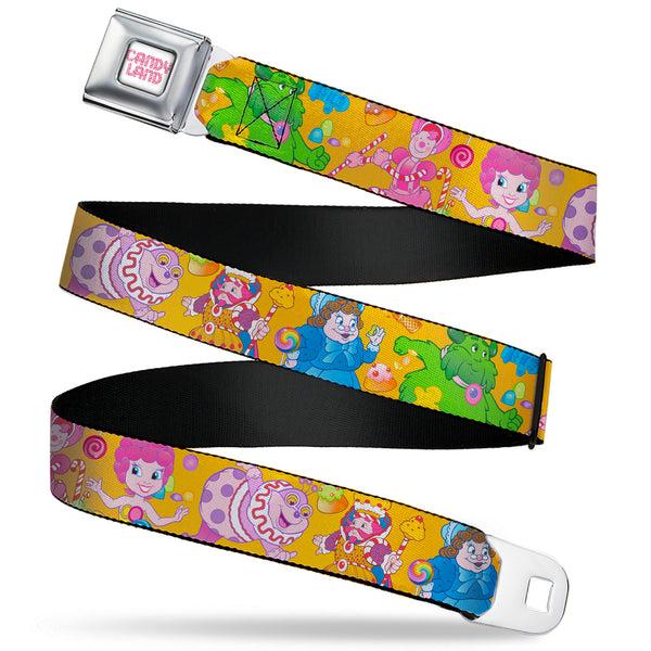 Buckle-Down CANDY LAND Game Logo White/Pink Seatbelt Belt - Candy Land Characters and Candy Collage Yellow Webbing