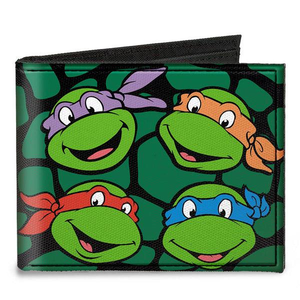 Buckle-Down Canvas Bi-Fold Wallet - Classic TMNT Turtle Faces Black Green Turtle Shell