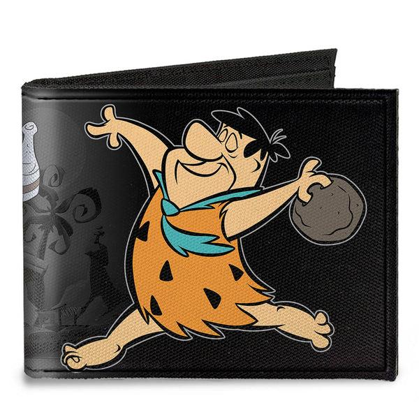 Buckle-Down Canvas Bi-Fold Wallet - Fred Bowling Pose + BEDROCK BOWL Bowling Pins Black Grays
