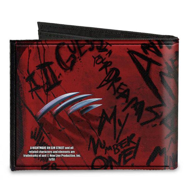 Buckle-Down Canvas Bi-Fold Wallet - Freddy Pose2 + Hand Scratching Quote Scrawls Reds Black