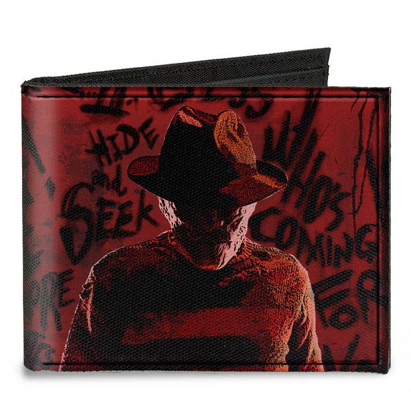 Buckle-Down Canvas Bi-Fold Wallet - Freddy Pose2 + Hand Scratching Quote Scrawls Reds Black