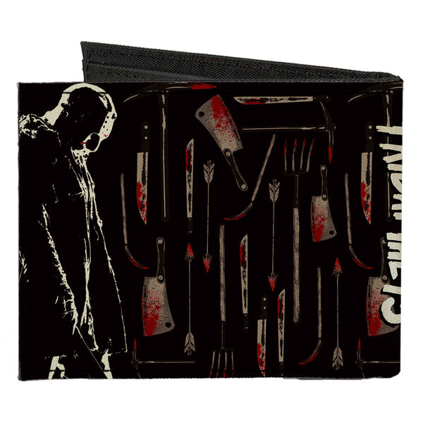 Buckle-Down Canvas Bi-Fold Wallet - FRIDAY THE 13TH Jason Machete Pose Bloody Tools Black Grays Reds