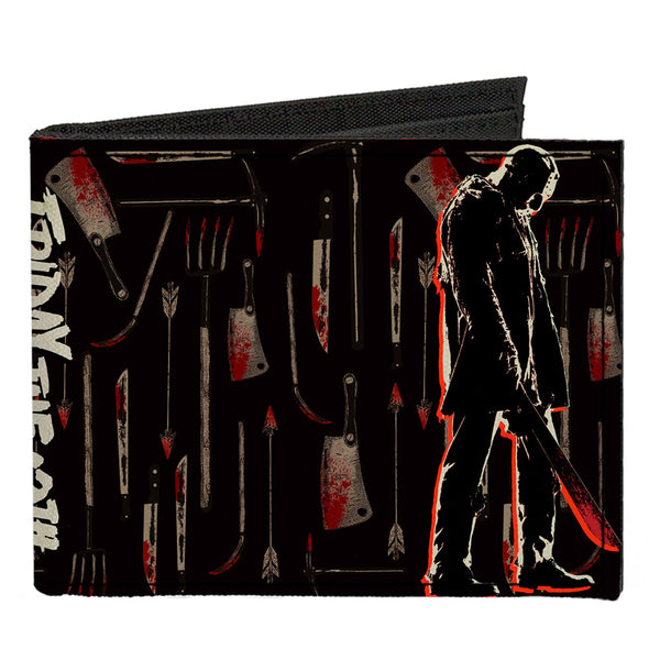 Buckle-Down Canvas Bi-Fold Wallet - FRIDAY THE 13TH Jason Machete Pose Bloody Tools Black Grays Reds