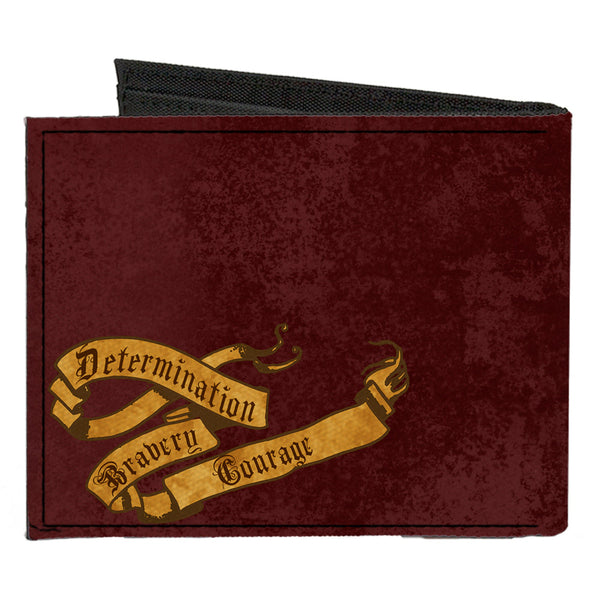 Buckle-Down Canvas Bi-Fold Wallet - GRYFFINDOR Lion Crest + DETERMINATION BRAVERY COURAGE Banner Burgundy Reds Golds