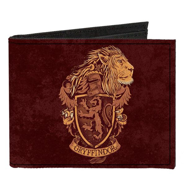 Buckle-Down Canvas Bi-Fold Wallet - GRYFFINDOR Lion Crest + DETERMINATION BRAVERY COURAGE Banner Burgundy Reds Golds