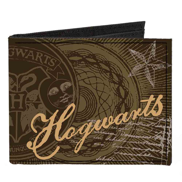 Buckle-Down Canvas Bi-Fold Wallet - HOGWARTS Symbols Collage House Badges Browns Multi Color