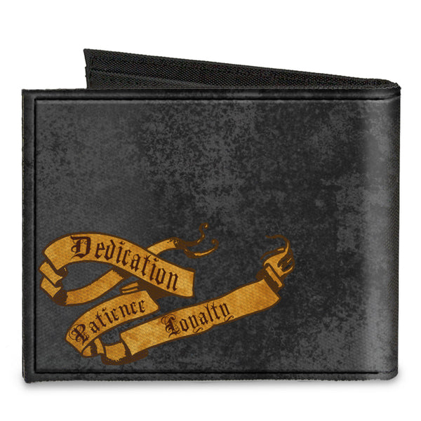 Buckle-Down Canvas Bi-Fold Wallet - HUFFLEPUFF Badger Crest + DEDICATION PATIENCE LOYALTY Banner Grays Golds
