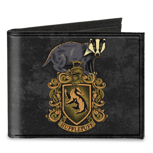 Buckle-Down Canvas Bi-Fold Wallet - HUFFLEPUFF Badger Crest + DEDICATION PATIENCE LOYALTY Banner Grays Golds