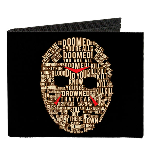 Buckle-Down Canvas Bi-Fold Wallet - Jason Mask Quotes Collage + FRIDAY THE 13TH Logo Black Ivory Reds