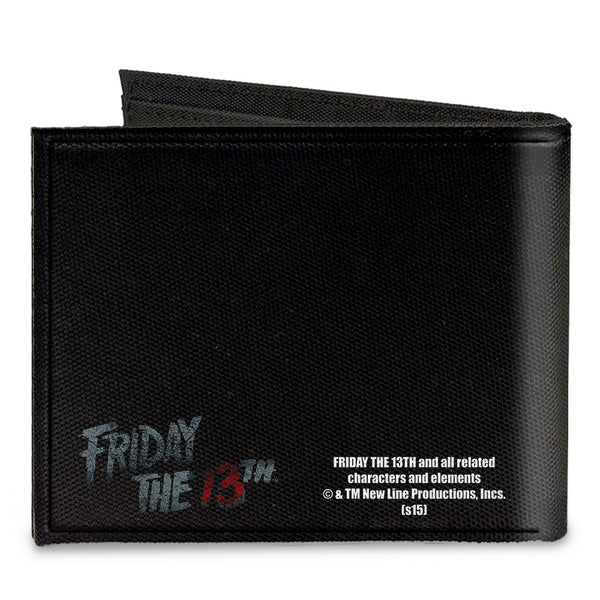Buckle-Down Canvas Bi-Fold Wallet - Jason Mask3 CLOSE-UP + FRIDAY THE 13th Black Grays Red
