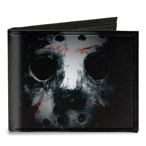 Buckle-Down Canvas Bi-Fold Wallet - Jason Mask3 CLOSE-UP + FRIDAY THE 13th Black Grays Red