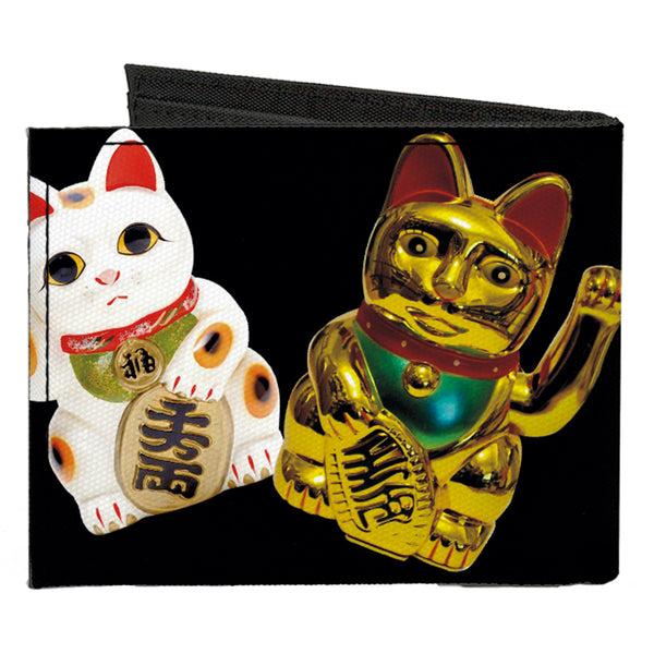 Buckle-Down Canvas Bi-Fold Wallet - Maneki Neko Lucky Cats Gold Black White