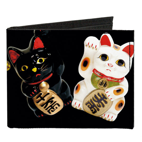 Buckle-Down Canvas Bi-Fold Wallet - Maneki Neko Lucky Cats Gold Black White