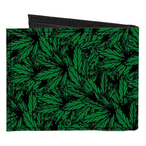 Buckle-Down Canvas Bi-Fold Wallet - Marijauna Leaves Stacked TRUST ME I'M A DOCTOR Black Green White