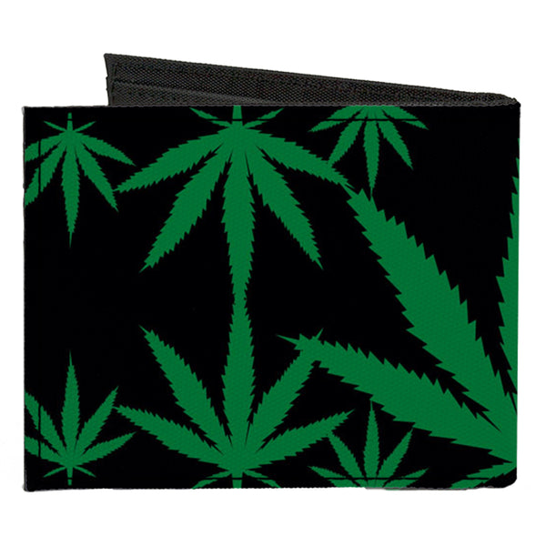 Buckle-Down Canvas Bi-Fold Wallet - Marijuana Leaves Scattered Black Green