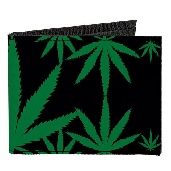 Buckle-Down Canvas Bi-Fold Wallet - Marijuana Leaves Scattered Black Green