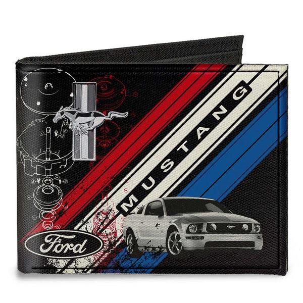 Buckle-Down Canvas Bi-Fold Wallet - Mustang Tri-Bar Logo Diagonal Stripe Blueprint Black Red White Blue