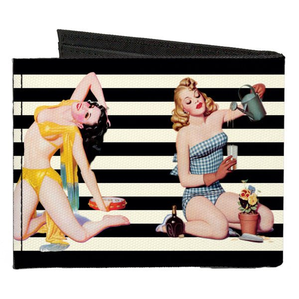 Buckle-Down Canvas Bi-Fold Wallet - Pin Up Girl Poses Stripe Black White