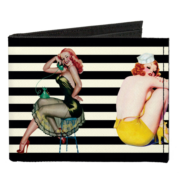 Buckle-Down Canvas Bi-Fold Wallet - Pin Up Girl Poses Stripe Black White