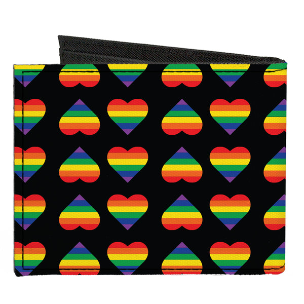 Buckle-Down Canvas Bi-Fold Wallet - Rainbow Hearts Flip Black Multi Color