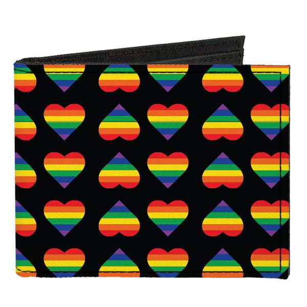 Buckle-Down Canvas Bi-Fold Wallet - Rainbow Hearts Flip Black Multi Color