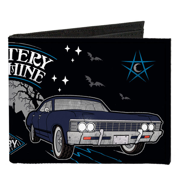 Buckle-Down Canvas Bi-Fold Wallet - SCOOBYNATURAL MYSTERY MACHINE Van & BABY Impala Scene Black White Grays Blues