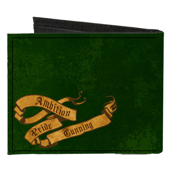 Buckle-Down Canvas Bi-Fold Wallet - SLYTHERIN Serpent Crest + AMBITION PRIDE CUNNING Banner Greens Golds