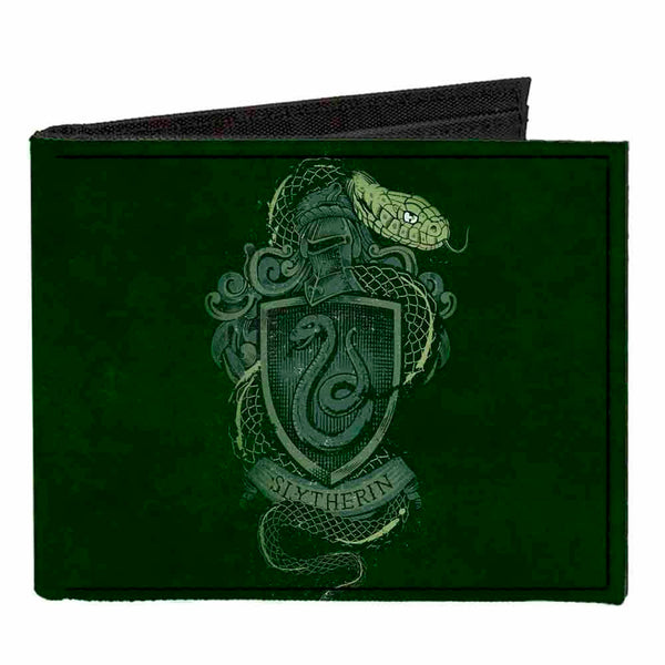 Buckle-Down Canvas Bi-Fold Wallet - SLYTHERIN Serpent Crest + AMBITION PRIDE CUNNING Banner Greens Golds