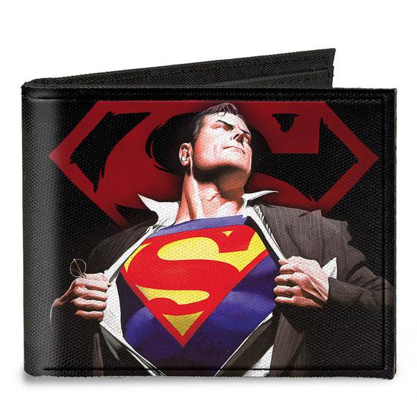 Buckle-Down Canvas Bi-Fold Wallet - Superman Forever Clark Kent-Superman Transition Shield Black Red